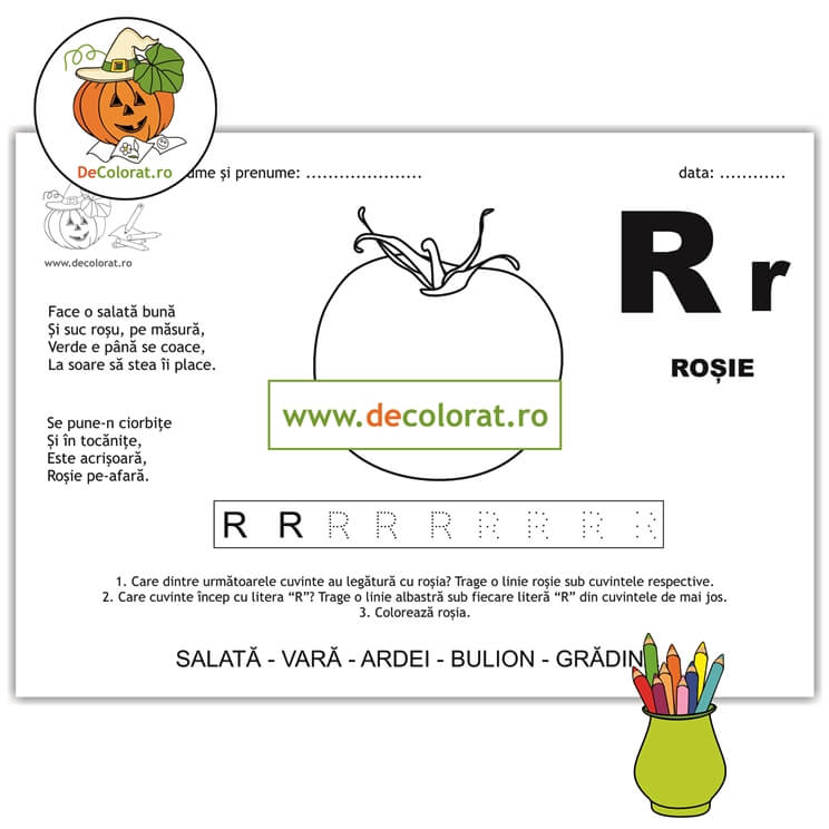 Litera și Sunetul R – fișă de trasare cu poezie ghicitoare (roșie)