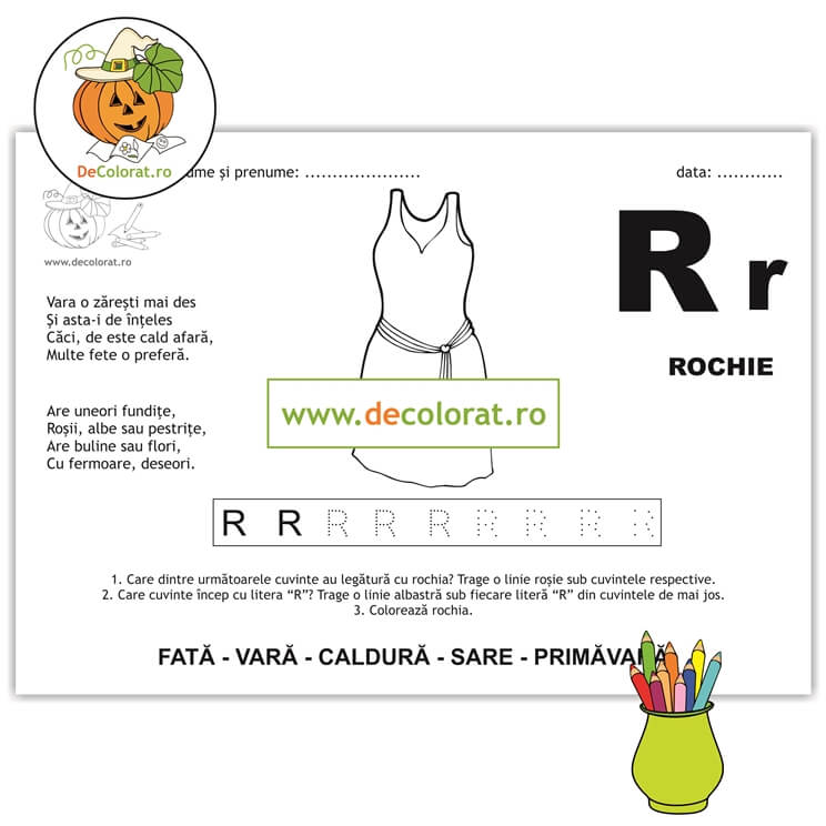 Litera și Sunetul R – fișă de trasare cu poezie ghicitoare (rochie)