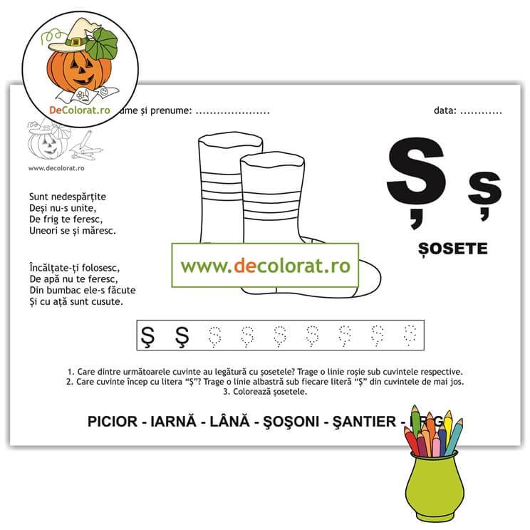 Litera și Sunetul Ș – fișă de trasare cu poezie ghicitoare (șosete)
