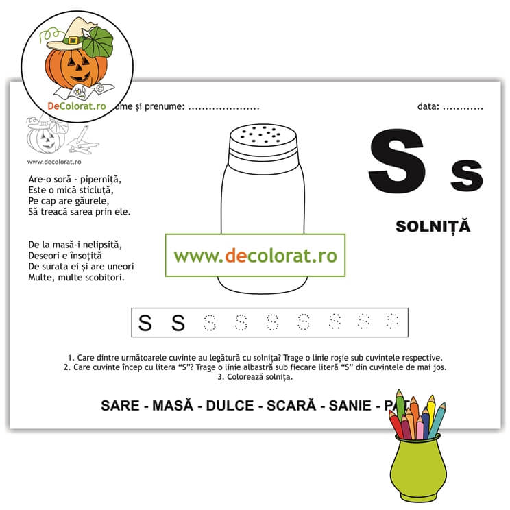 Litera și Sunetul S – fișă de trasare cu poezie ghicitoare (solniță)