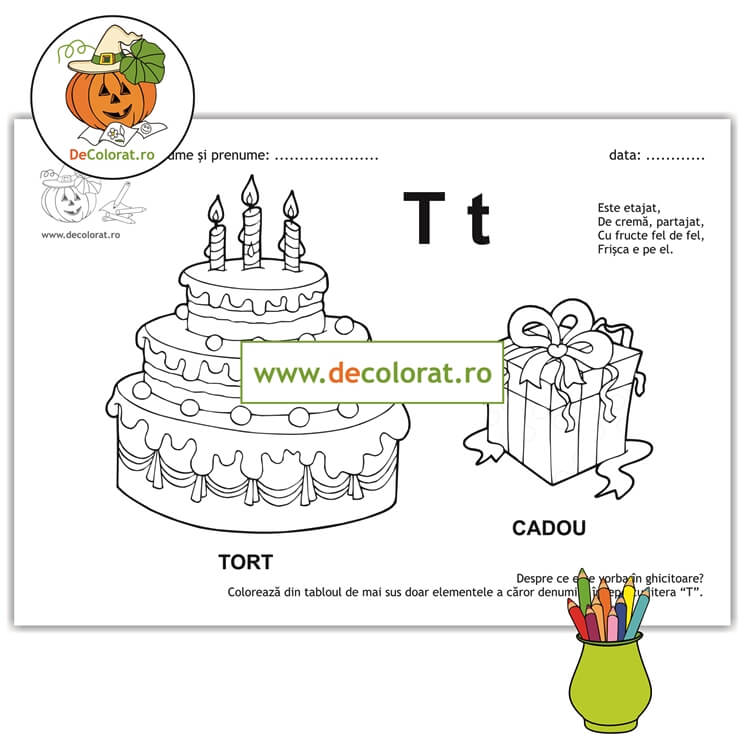 Litera și Sunetul T – fișă de lucru cu ghicitoare (tort)