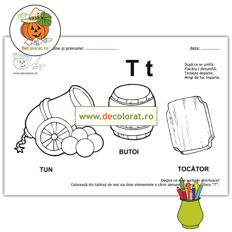 Litera și Sunetul T – fișă de lucru cu ghicitoare (tun)