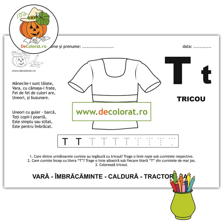 Litera și Sunetul T – fișă de trasare cu poezie ghicitoare (tricou)