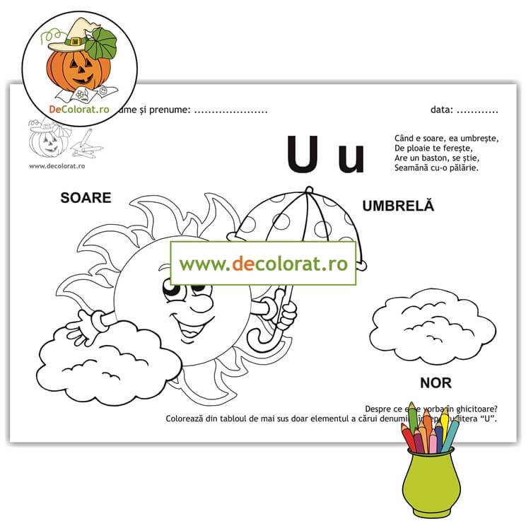 Litera și Sunetul U – fișă de lucru cu ghicitoare (umbrelă)