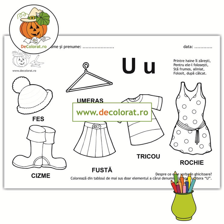 Litera și Sunetul U – fișă de lucru cu ghicitoare (umeraș)