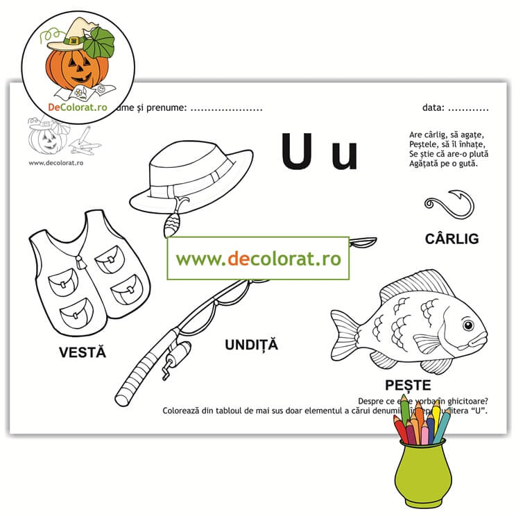 Litera și Sunetul U – fișă de lucru cu ghicitoare (undiță)