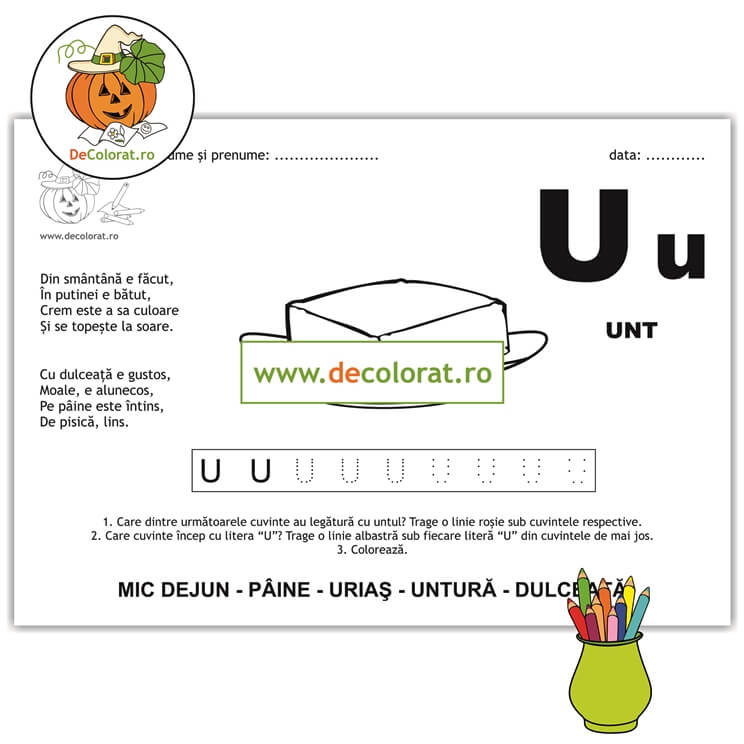 Litera și Sunetul U – fișă de trasare cu poezie ghicitoare (unt)