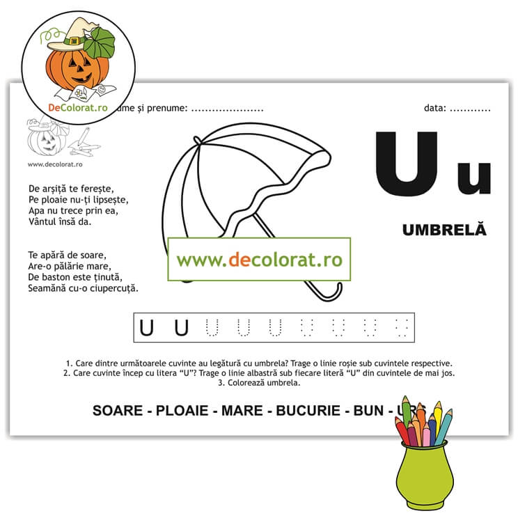Litera și Sunetul U – fișă de trasare cu poezie ghicitoare (umbrelă)