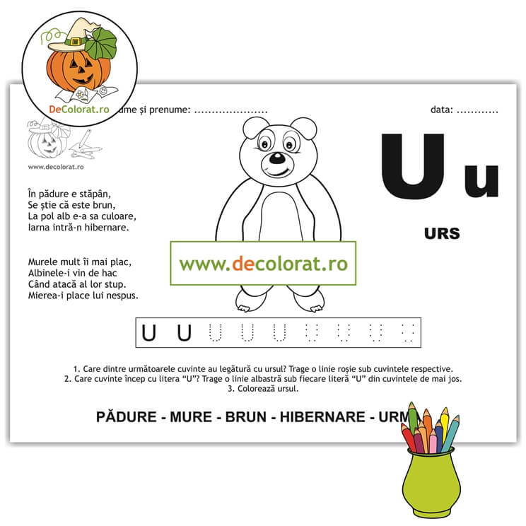 Litera și Sunetul U – fișă de trasare cu poezie ghicitoare (urs)