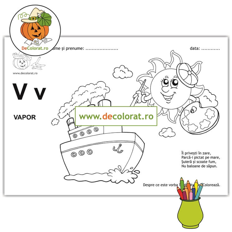 Litera și Sunetul V – fișă de lucru cu ghicitoare (vapor)