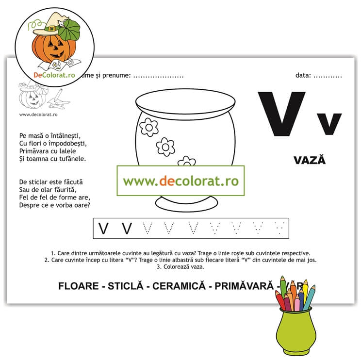 Litera și Sunetul V – fișă de trasare cu poezie ghicitoare (vază)