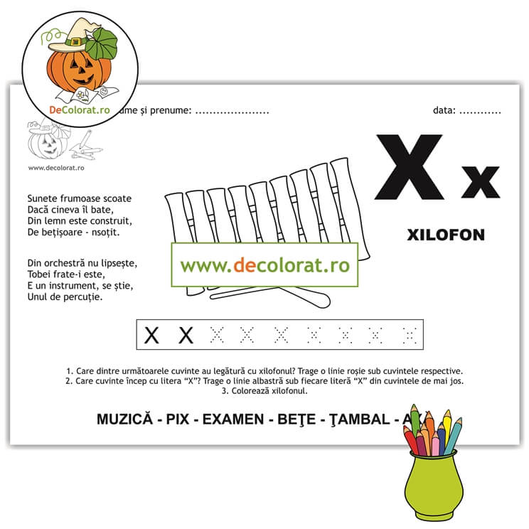 Litera și Sunetul X – fișă de trasare cu poezie ghicitoare (xilofon)