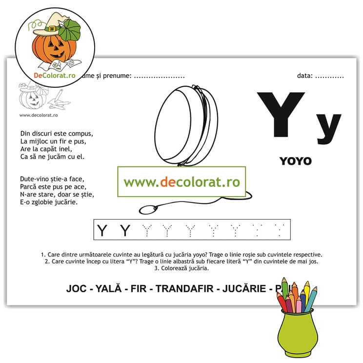 Litera și Sunetul Y – fișă de trasare cu poezie ghicitoare (yoyo)