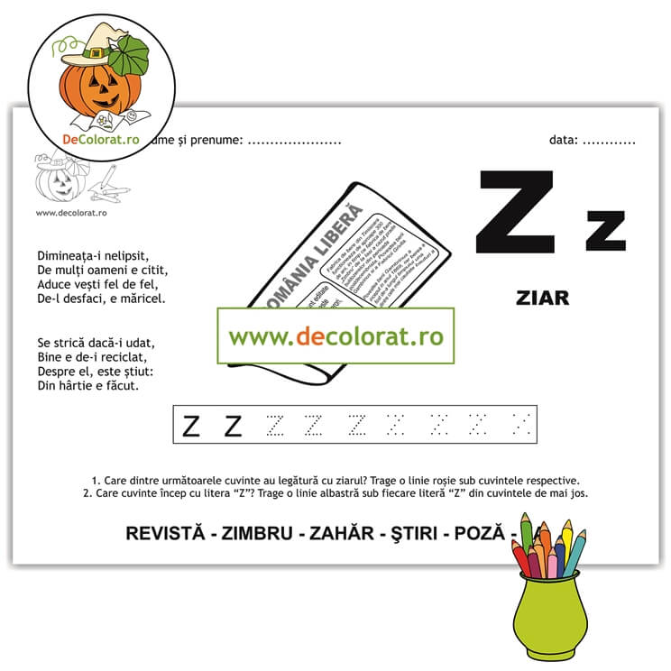 Litera și Sunetul Z – fișă de trasare cu poezie ghicitoare (ziar)