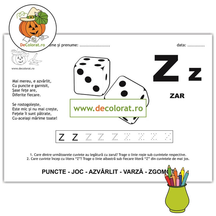 Litera și Sunetul Z – fișă de trasare cu poezie ghicitoare (zar)