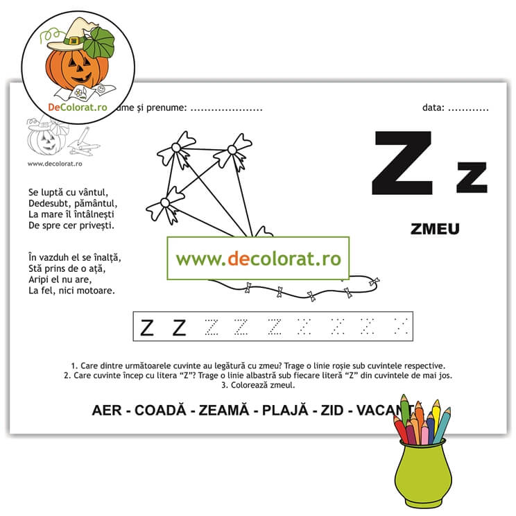 Litera și Sunetul Z – fișă de trasare cu poezie ghicitoare (zmeu)