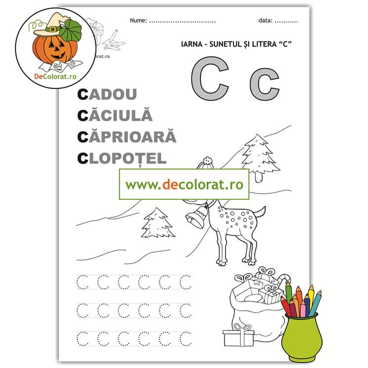Iarna și literele – fișă de trasare și de colorat litera C
