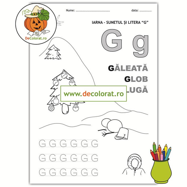Iarna și literele – fișă de trasare și de colorat litera G