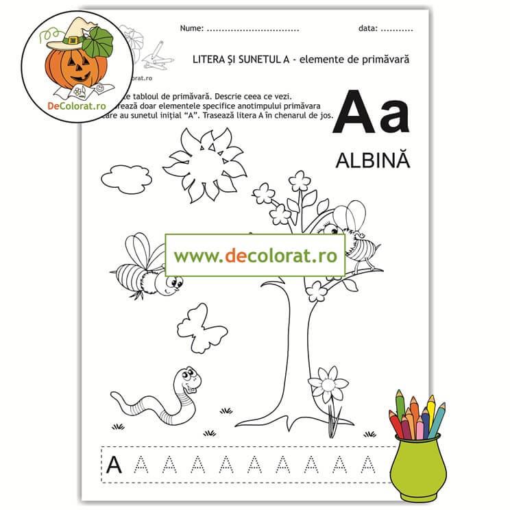 Tablou de primăvară – Litera și sunetul A – fișă de trasare – planșă de colorat
