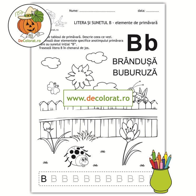 Tablou de primăvară – Litera și sunetul B – fișă de trasare – planșă de colorat