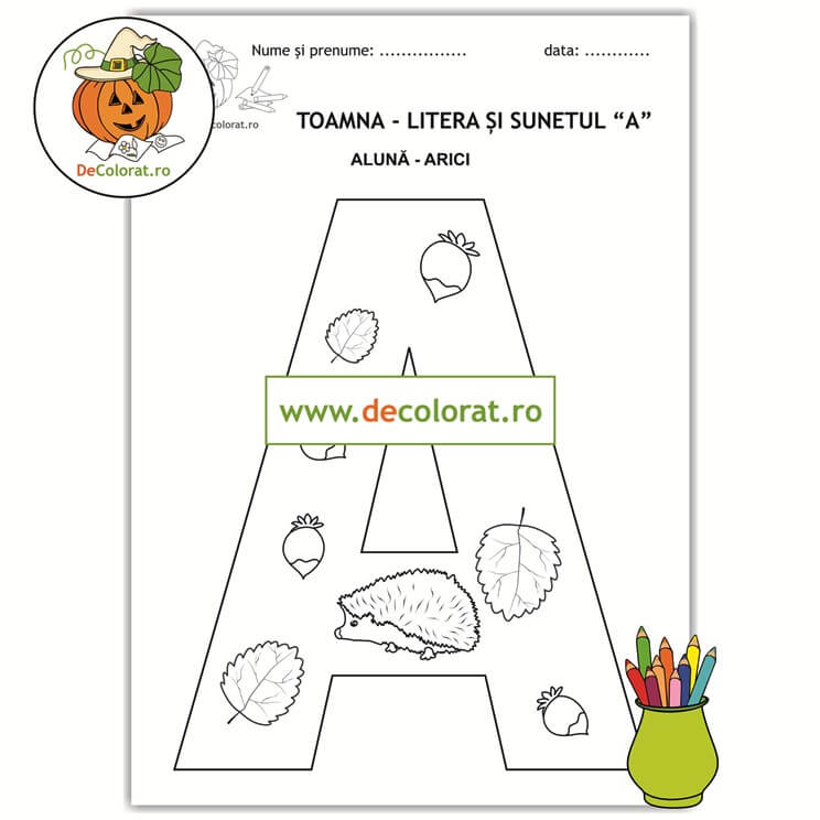 Litera și Sunetul A în imagini de toamnă – plansă de colorat cu arici și alune