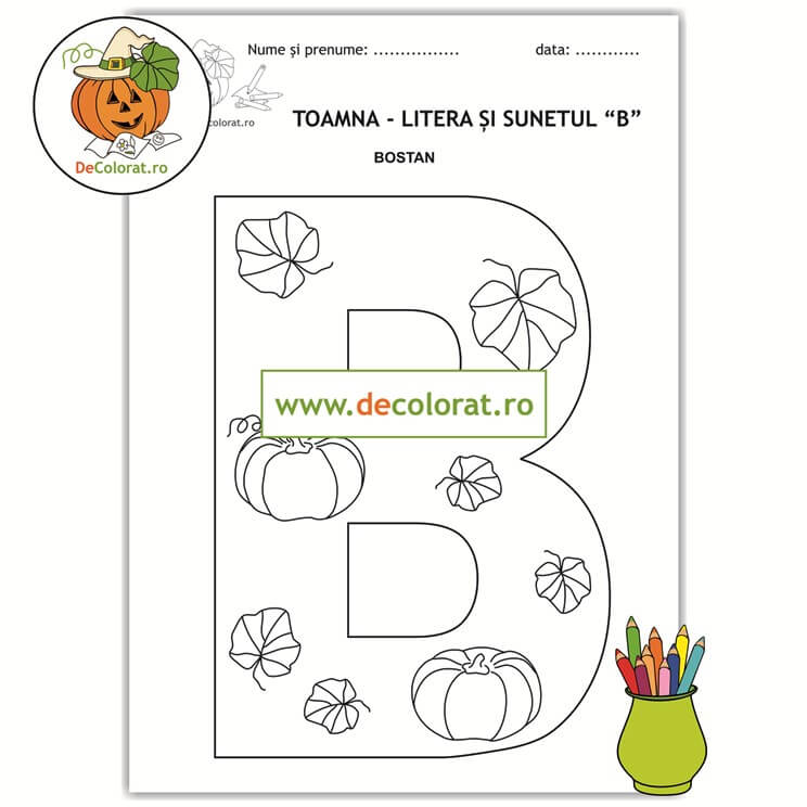 Litera și Sunetul B în imagini de toamnă – plansă de colorat cu bostan