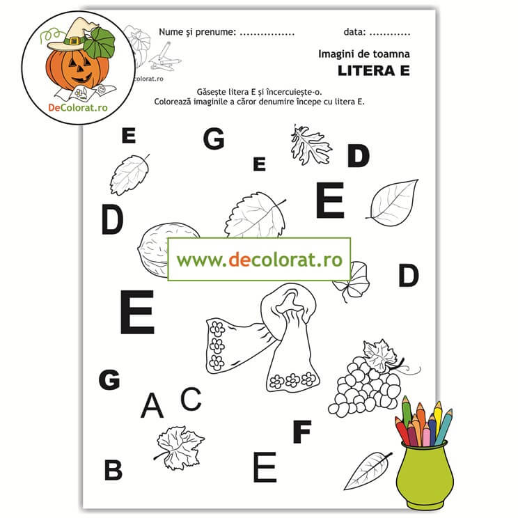 Litera și Sunetul E în imagini de toamnă – fișă de lucru