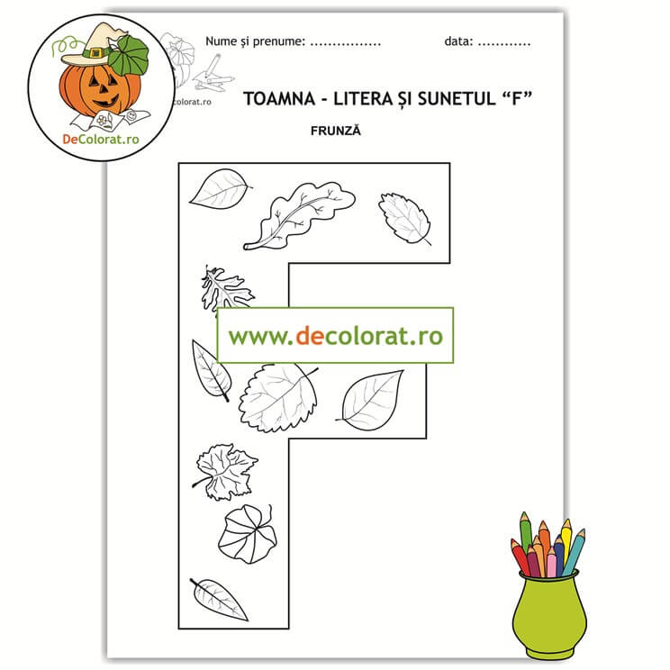 Litera și Sunetul F în imagini de toamnă – plansă de colorat cu frunze