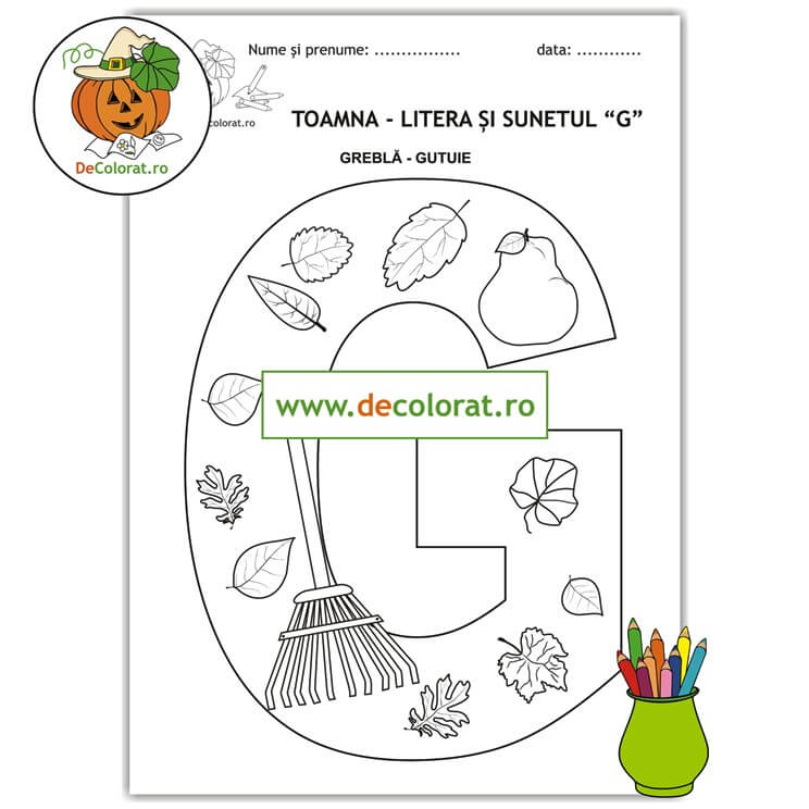 Litera și Sunetul G în imagini de toamnă – plansă de colorat cu greblă și gutuie