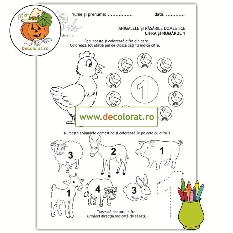 Animale și păsări domestice – cifra 1 – Recunoaște cifra, numără, colorează și trasează!