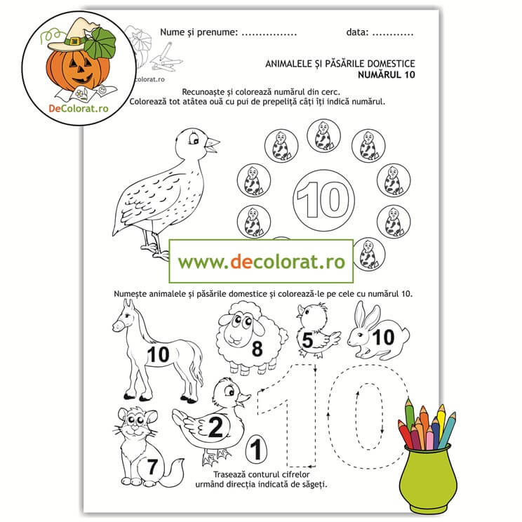 Animale și păsări domestice – numărul 10 – Recunoaște cifra, numără, colorează și trasează!