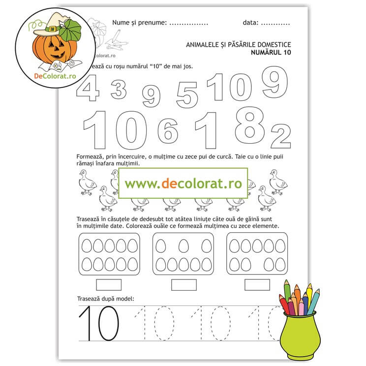 Animale și păsări domestice – numărul 10 – Identifică cifra, numără, formează mulțimi și trasează!