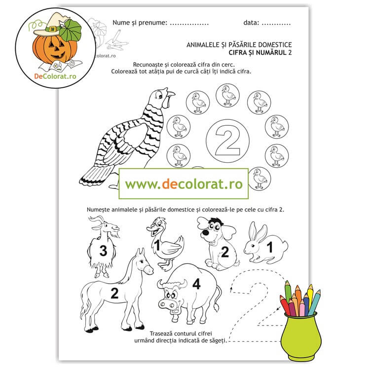 Animale și păsări domestice – cifra 2 – Recunoaște cifra, numără, colorează și trasează!