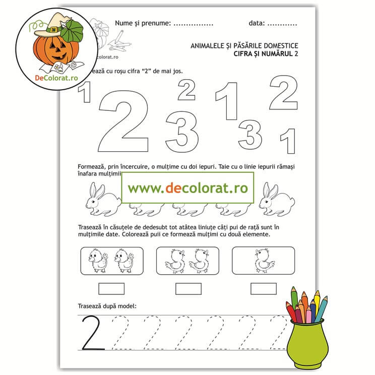 Animale și păsări domestice – cifra 2 – Identifică cifra, numără, formează mulțimi și trasează!