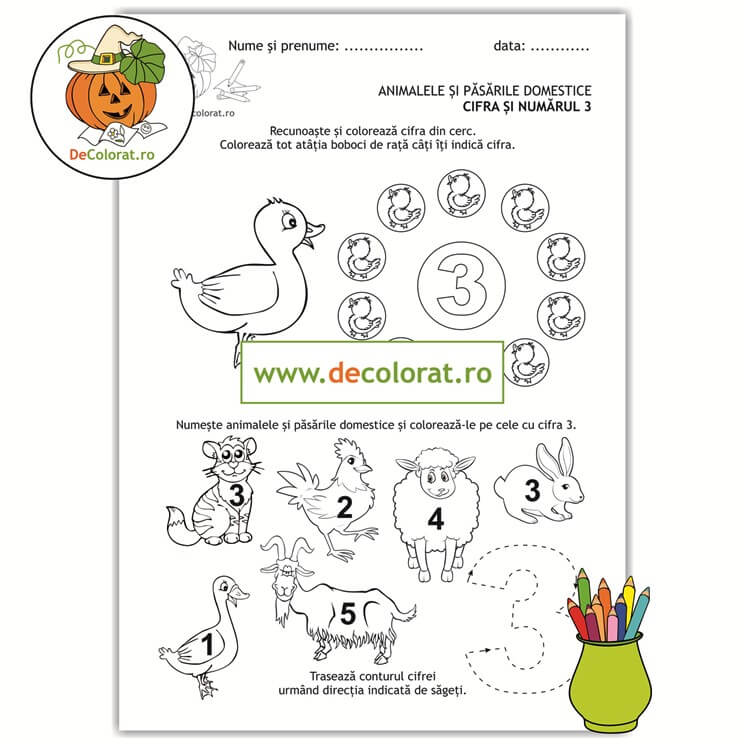 Animale și păsări domestice – cifra 3 – Recunoaște cifra, numără, colorează și trasează!