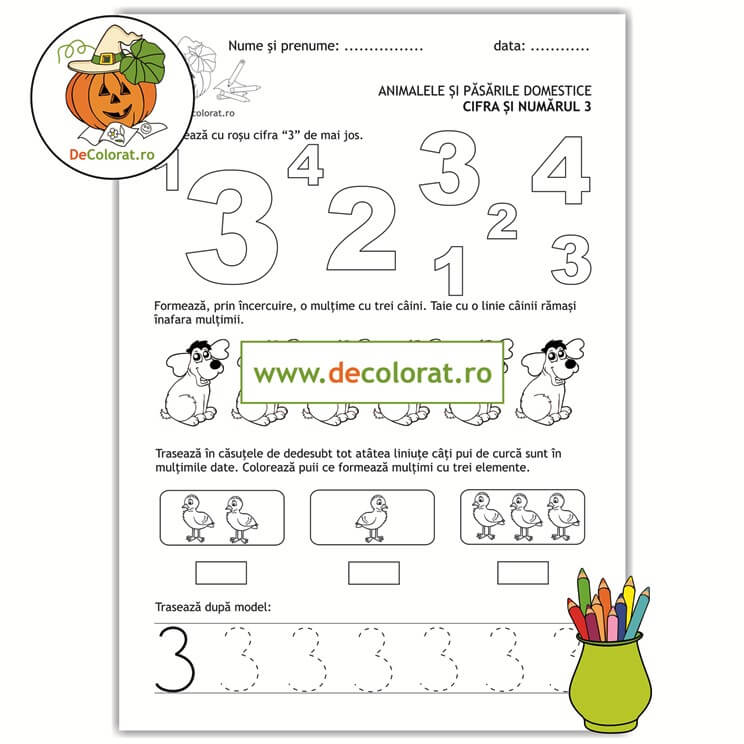 Animale și păsări domestice – cifra 3 – Identifică cifra, numără, formează mulțimi și trasează!