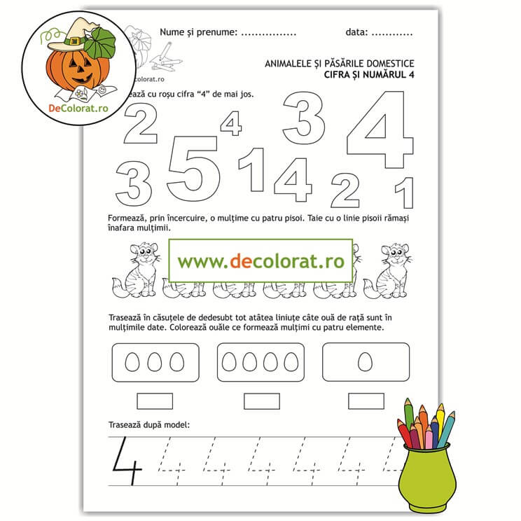 Animale și păsări domestice – cifra 4 – Identifică cifra, numără, formează mulțimi și trasează!