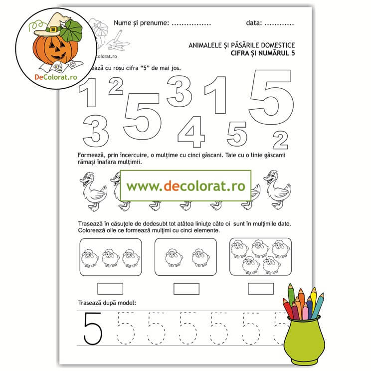 Animale și păsări domestice – cifra 5 – Identifică cifra, numără, formează mulțimi și trasează!