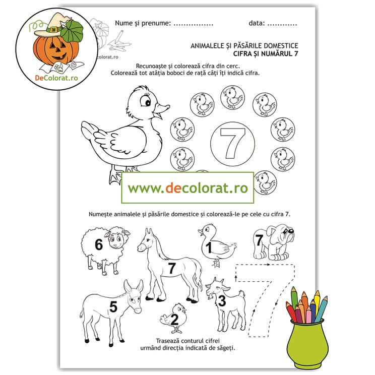 Animale și păsări domestice – cifra 7 – Recunoaște cifra, numără, colorează și trasează!