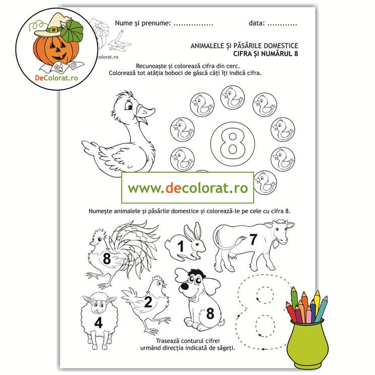 Animale și păsări domestice – cifra 8 – Recunoaște cifra, numără, colorează și trasează!