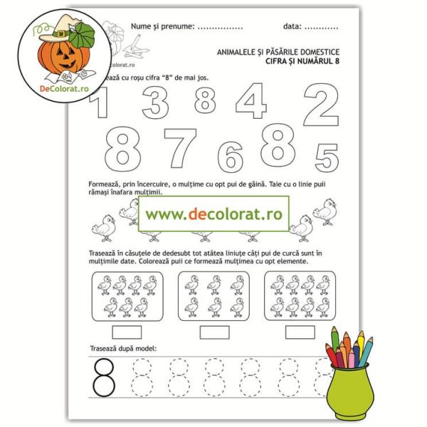 Numarul 8 Fișă de lucru cu cifra 8 - identificare, mulțimi, trasare | Decolorat.ro