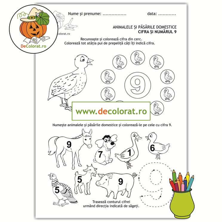Animale și păsări domestice – cifra 9 – Recunoaște cifra, numără, colorează și trasează!