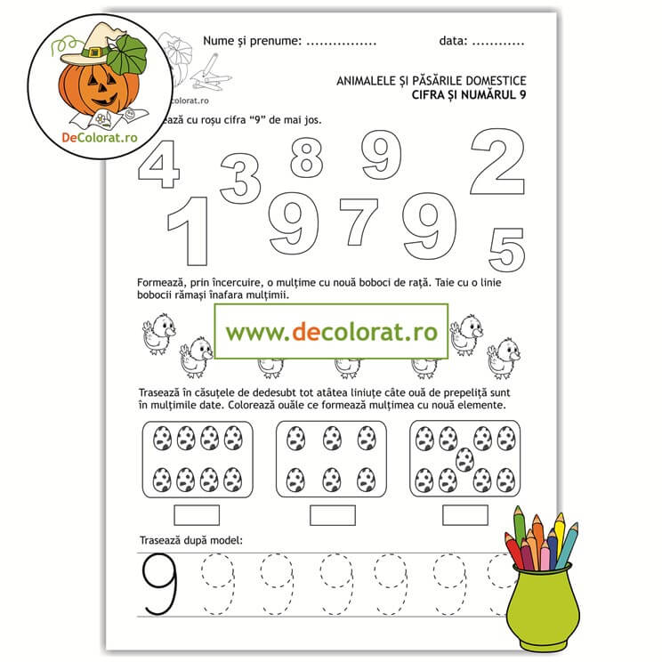 Animale și păsări domestice – cifra 9 – Identifică cifra, numără, formează mulțimi și trasează!