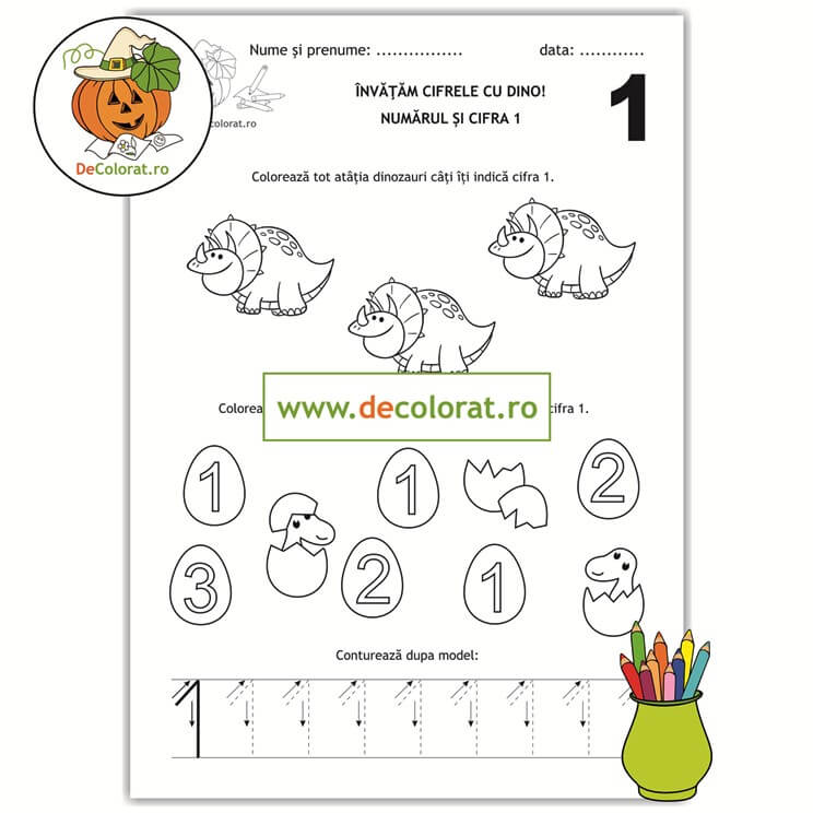 Învățăm cifrele cu Dino – Recunoaște, colorează și trasează cifra 1!