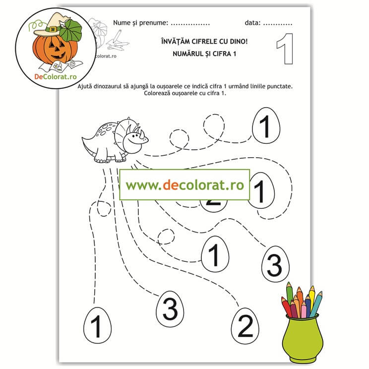 Învățăm cifrele cu Dino – Trasează si colorează! – fișă de lucru cu cifra 1
