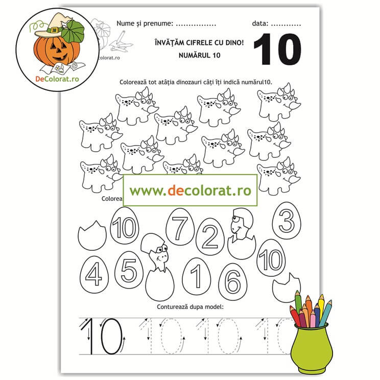 Învățăm cifrele cu Dino – Recunoaște, colorează și trasează numărul 10!