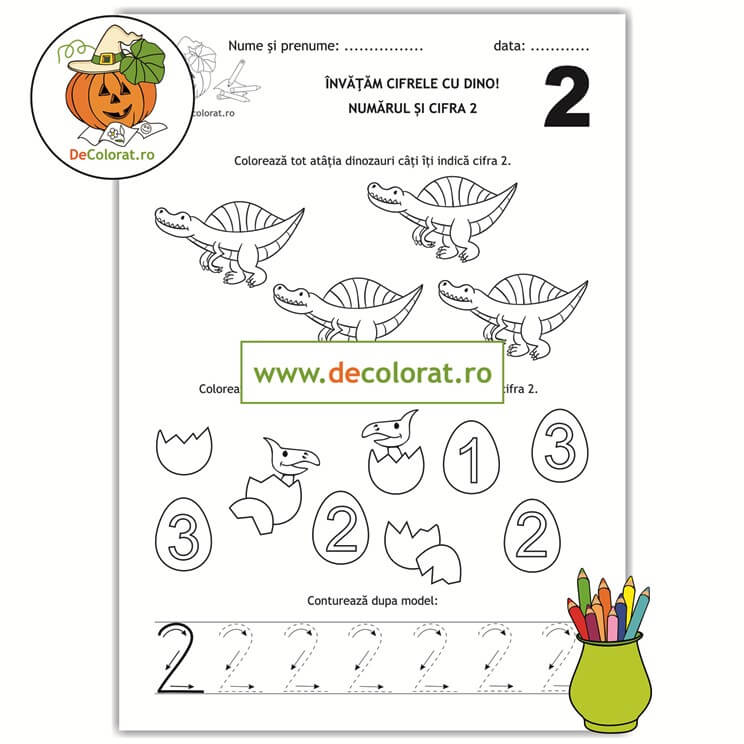 Învățăm cifrele cu Dino – Recunoaște, colorează și trasează cifra 2!