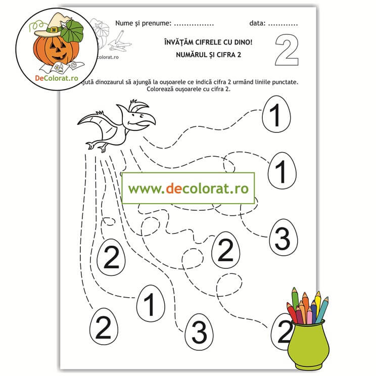 Învățăm cifrele cu Dino – Trasează si colorează! – fișă de lucru cu cifra 2