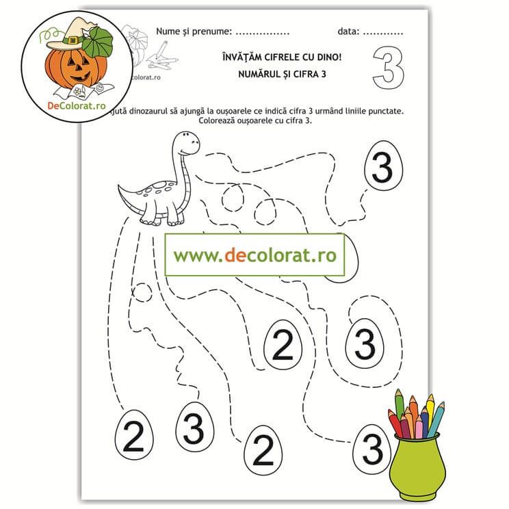 Învățăm cifrele cu Dino – Trasează si colorează! – fișă de lucru cu cifra 3