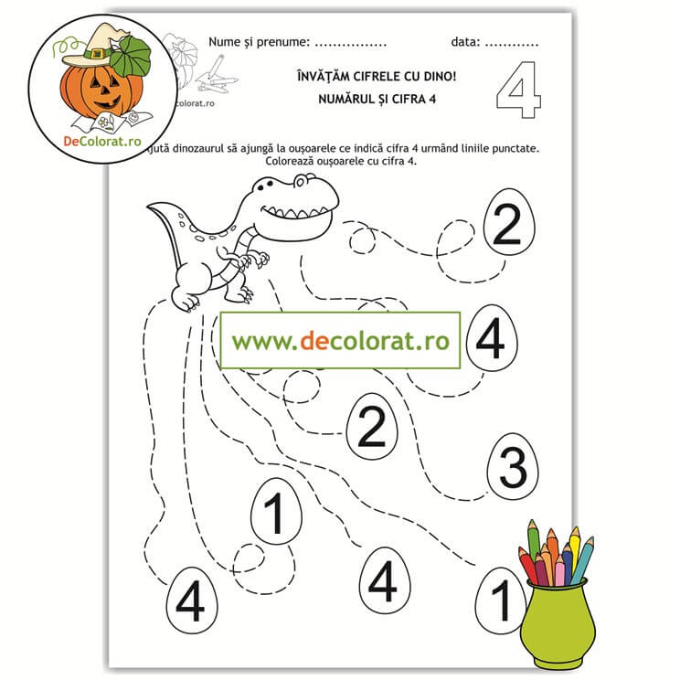Învățăm cifrele cu Dino – Trasează si colorează! – fișă de lucru cu cifra 4